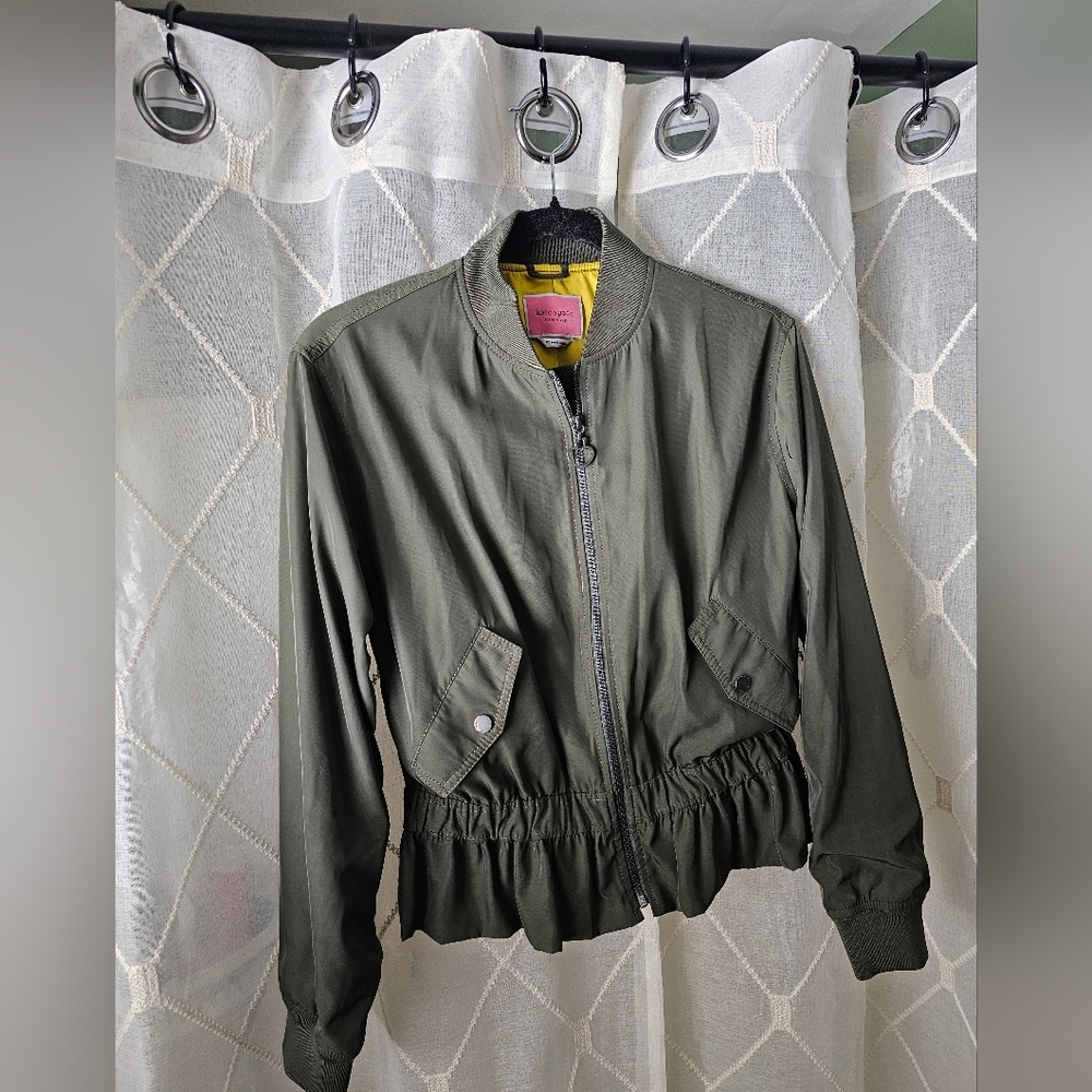Kate Spade Twill Flounce Bomber Olive Green Jacket - Picture 2 of 13